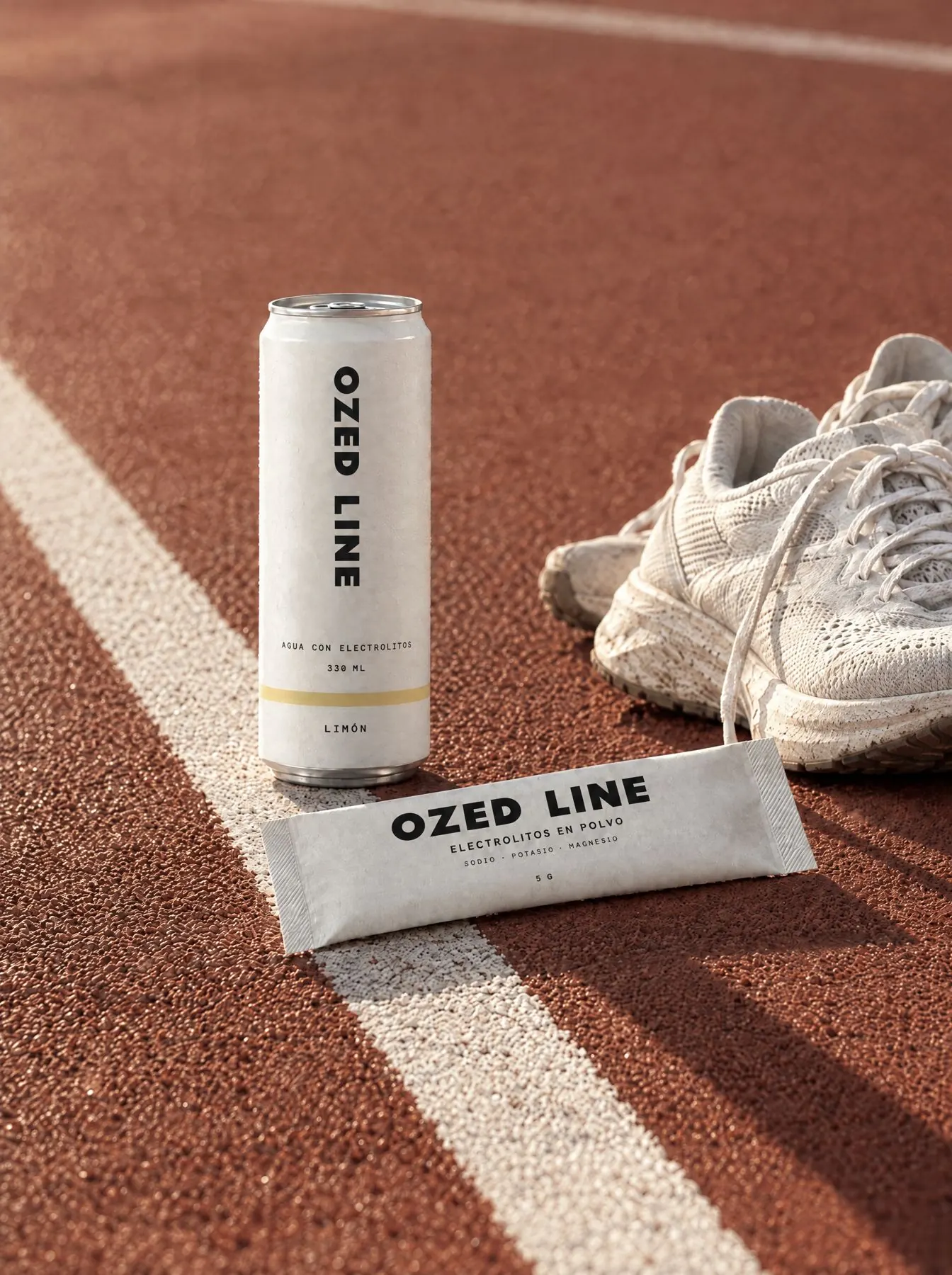 Lata Ozed Line Limón y sachet sobre la pista de atletismo, junto a unas zapatillas
