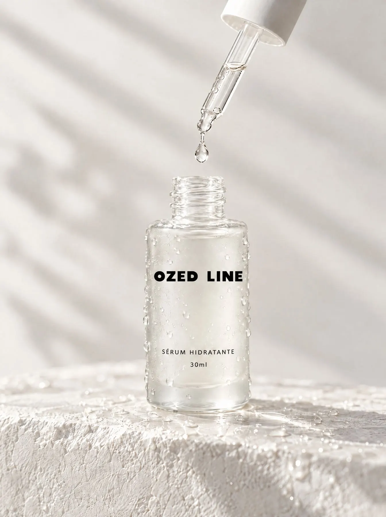 Gota de sérum cayendo sobre el frasco de vidrio Ozed Line